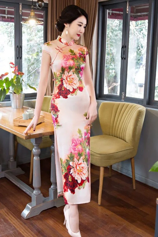 Crazy Price Slashing Floral Print Long Qipao Dress