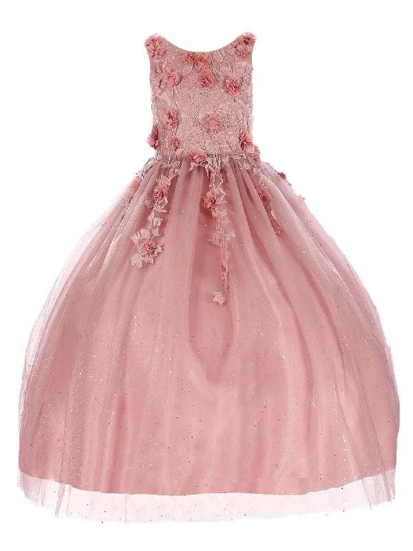 Huge Price Cut Little Girls Dusty Rose 3D Flower Rhinestone Tulle Flower Girl Dress 2-6