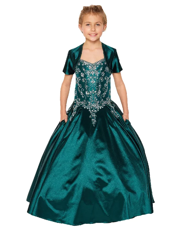 Clearance Sale, All Cheap Little Girls Hunter Green Cap Shoulder Rhinestone Beaded Fringe Ball Gown 2-6