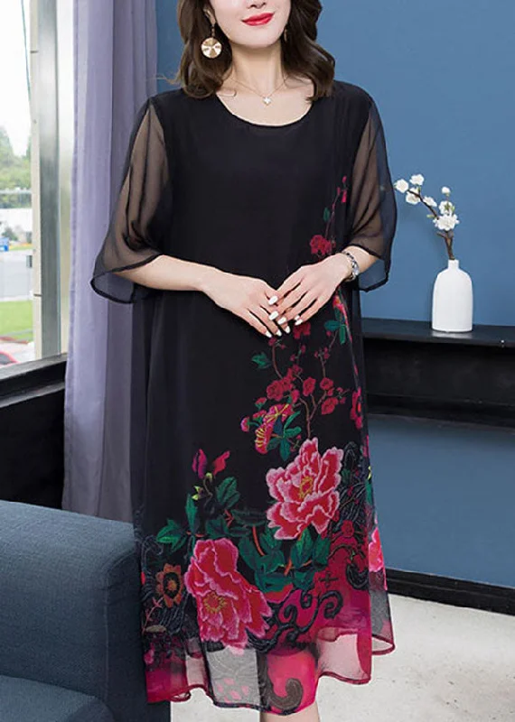 Women Clothes Unique Black O Neck Floral Print Patchwork Chiffon Dresses Summer