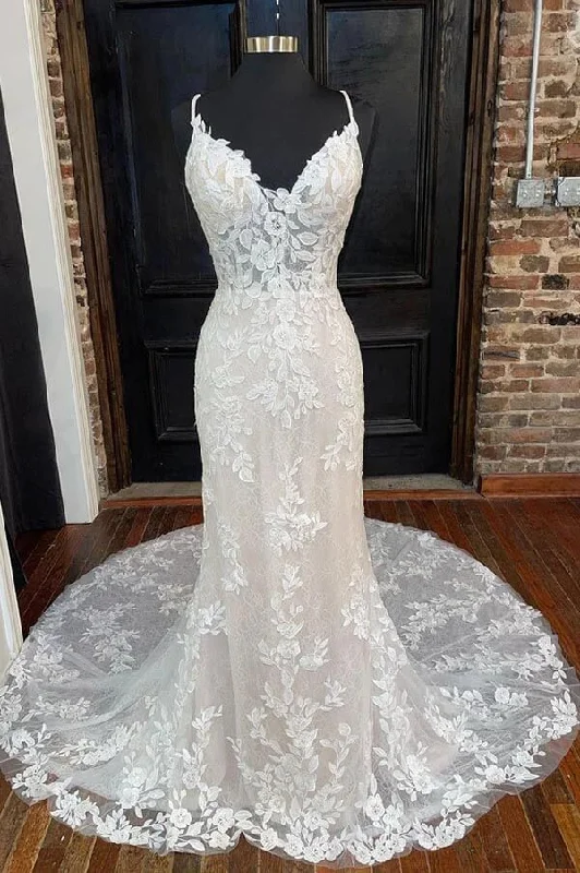 Vintage Fashion Roycebridal Mermaid V-neck Spaghetti Straps Wedding Dresses With Lace Appliques, MW926