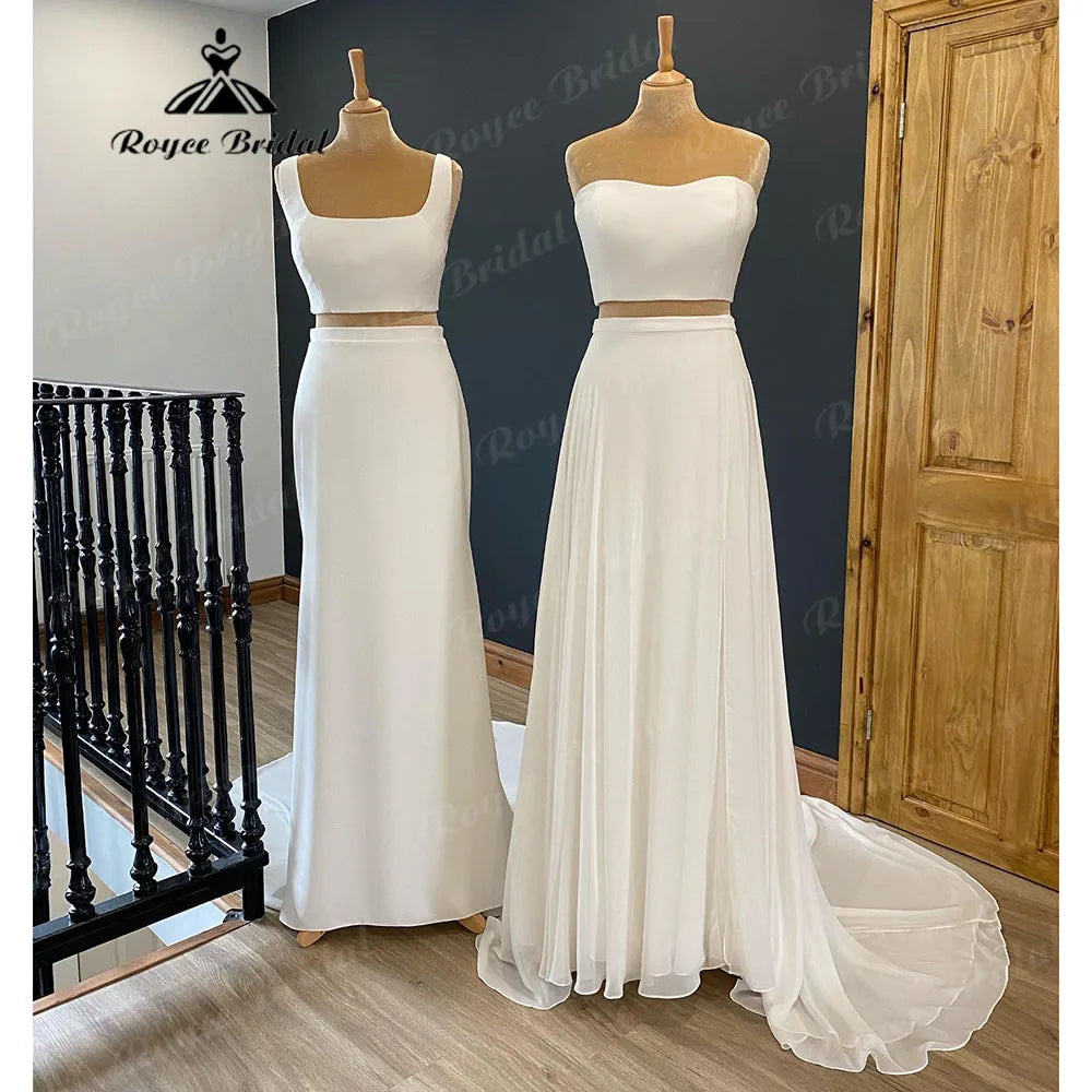 Final Sale Vintage Two Pieces Soft Satin Beach Boho Country Women Wedding Gown  Bridal Receipt Dinner Party Wedding Dress suknia slubna