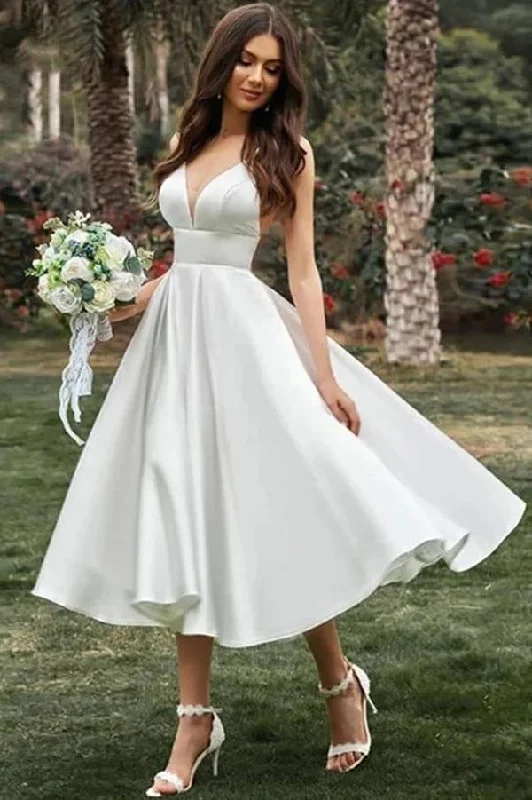 Women Apparel Roycebridal Simple A-line Spaghetti Straps Tea Length Wedding Dress, Bridal Gown, MW916