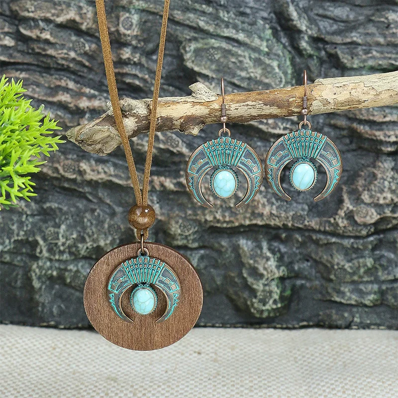 Gift Ideas Vintage Crescent Inlaid Turquoise Earrings Bohemian Ethnic Necklace Set