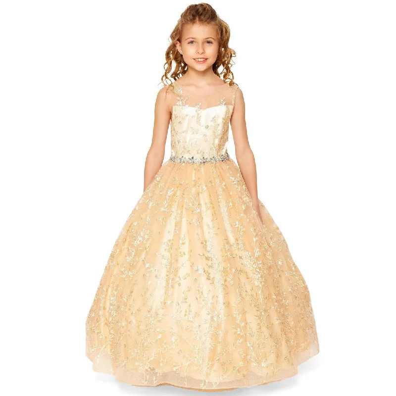 Seasonal Picks Little Girls Champagne Glitter Embroidered Rhinestone Belt Ball Gown 2-6