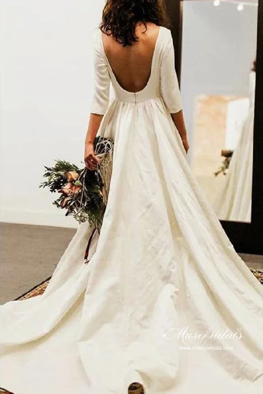 Trendy Online Boutiques Roycebridal Simple 3/4 Sleeves Backless Modest Wedding Dresses, Bridal Gowns, MW972