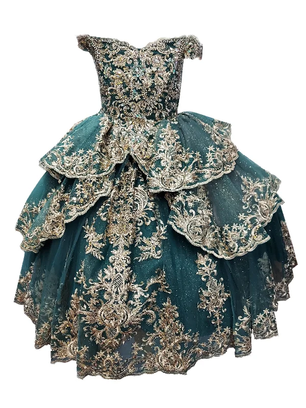 Browse Our Top Products Little Girls Emerald Green Glittery Gold Embroidered Off Shoulder Tiered Ball Gown 3-6