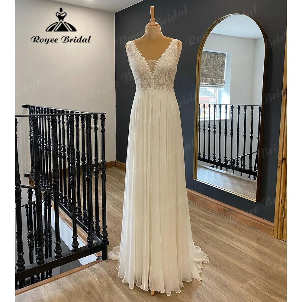 Summer Deals Elegant Bohemian Boho Sleeveless Lace Bodice Chiffon A Line Wedding Dress for Women 2024 Beach Bridal Gown vestido invitada boda