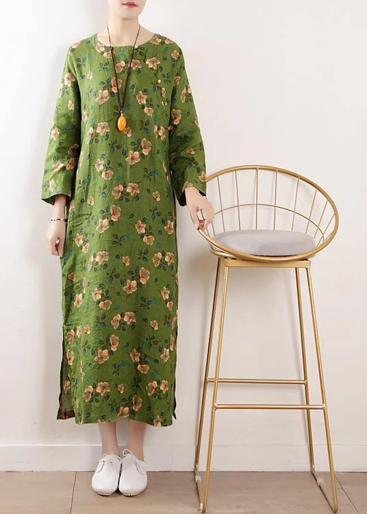 Trendy Women’s Apparel Bohemian green o neck linen outfit floral cotton summer Dress