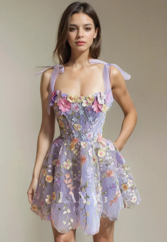 Unique Women’s Fashion Pieces A-Line Straps Floral Embossed Tulle Elegant Party Homecoming Dress