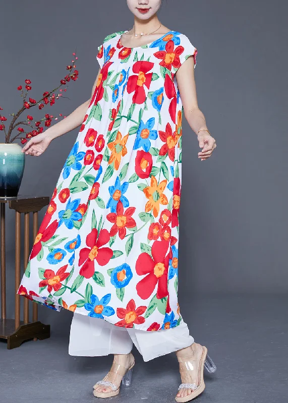 Woman Clothing Simple Beige Oversized Floral Print Cotton Dress Summer