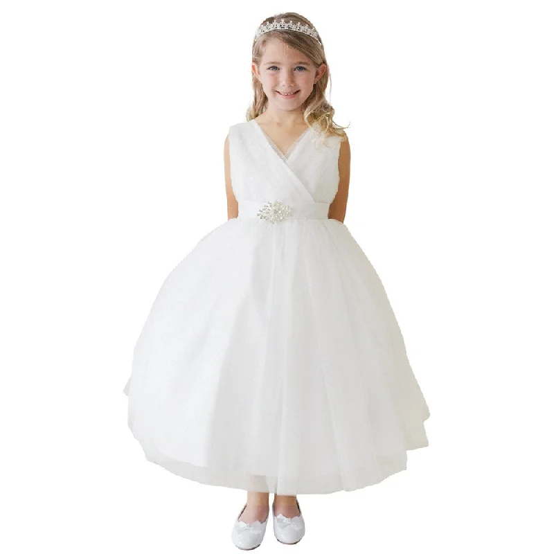 Crazy Discounts, Hurry Up Little Girls Ivory Glitter Tulle V-Neck Rhinestone Brooch Flower Girl Dress 2-6