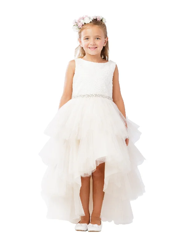 Gift Ideas Little Girls Champagne Lace Beaded Sash Hi-Low Flower Girl Dress 2-6