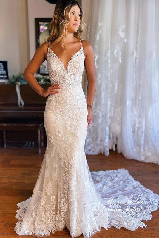 Women's Clothes Online Shopping Roycebridal Tulle Mermaid Spaghetti Straps V-neck Lace Appliques Wedding Dresses, MW870