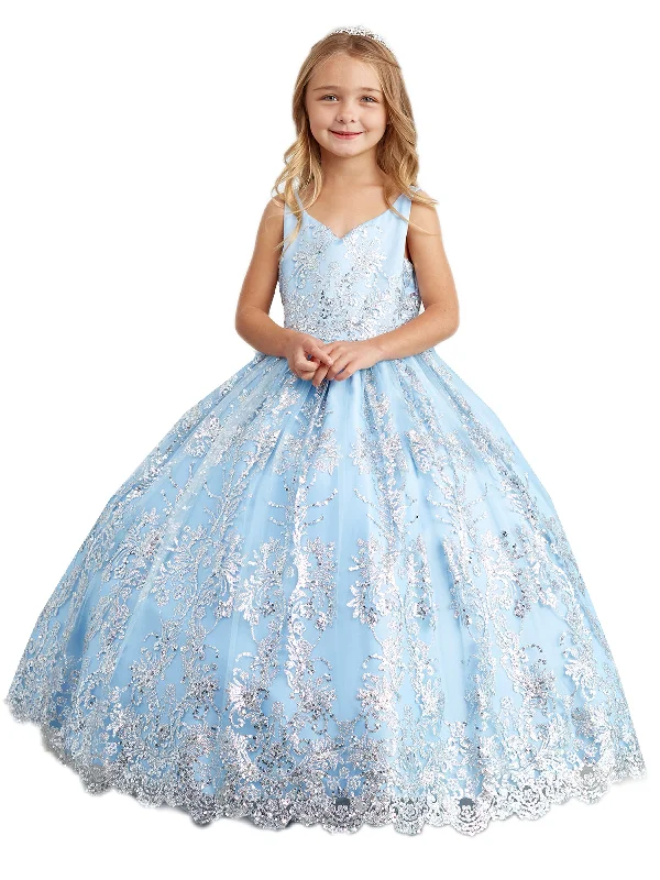 Flash Sale Starts Little Girls Dusty Blue Glitter Mesh Overlay V Neck Pageant Dress 2-6