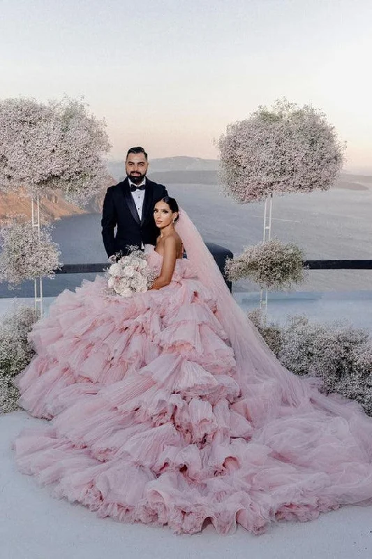 Shop Ladies Clothes Roycebridal Pink Layers Tulle Ball Gown Straight Neck Wedding Dresses, Bridal Gowns, MW939