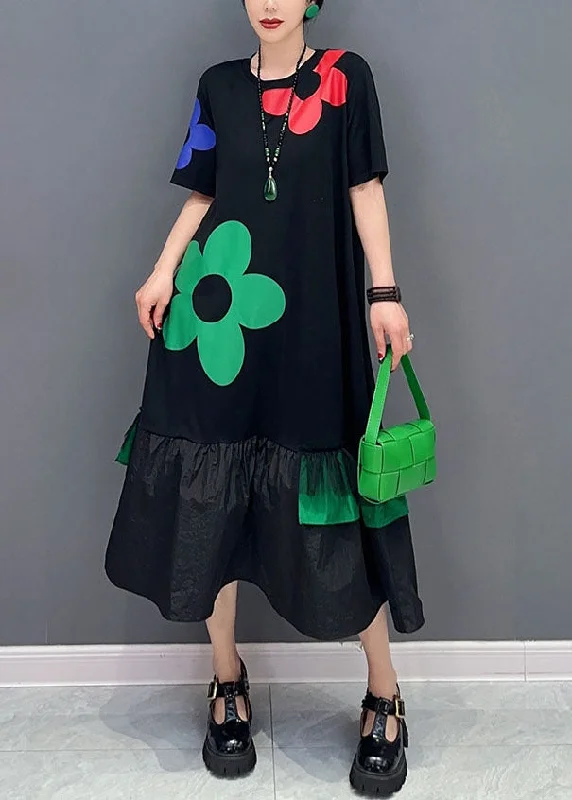 End of Season Sale Unique Black O Neck Floral Wrinkled Patchwork Cotton Dress Summer