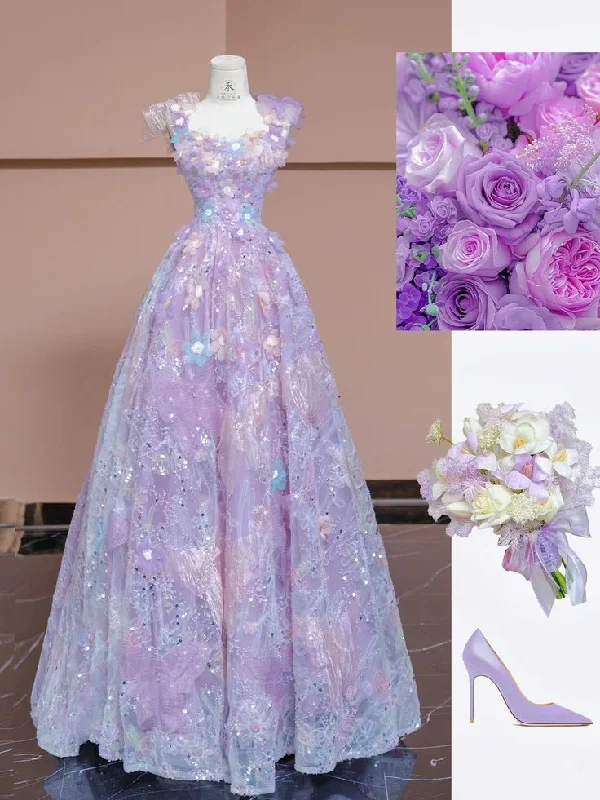 Women’s Fashion Clothing Light Purple Straps A-Line Lace Sequins Floral Long Formal Party Dress MD7808