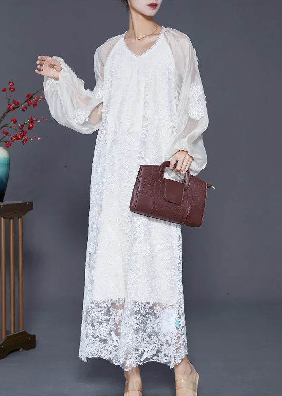 Seasonal Sale French White Stereoscopic Floral Lace Long Dresses Fall