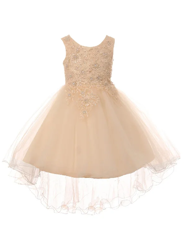 Must Haves Little Girls Champagne Rhinestone Pearl Wired Tulle Hi-Low Flower Girl Dress 2-6