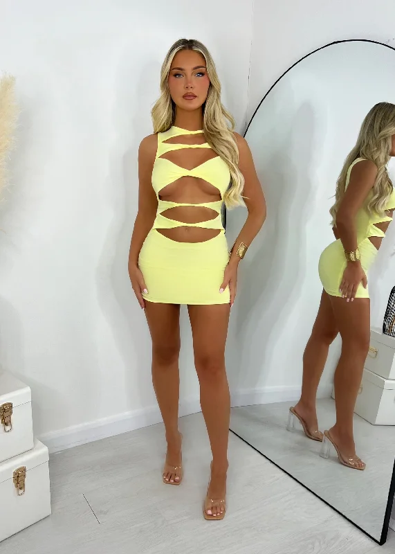 Affordable Women’s Clothing Online Queen Status Cut Out Mini Dress - Yellow