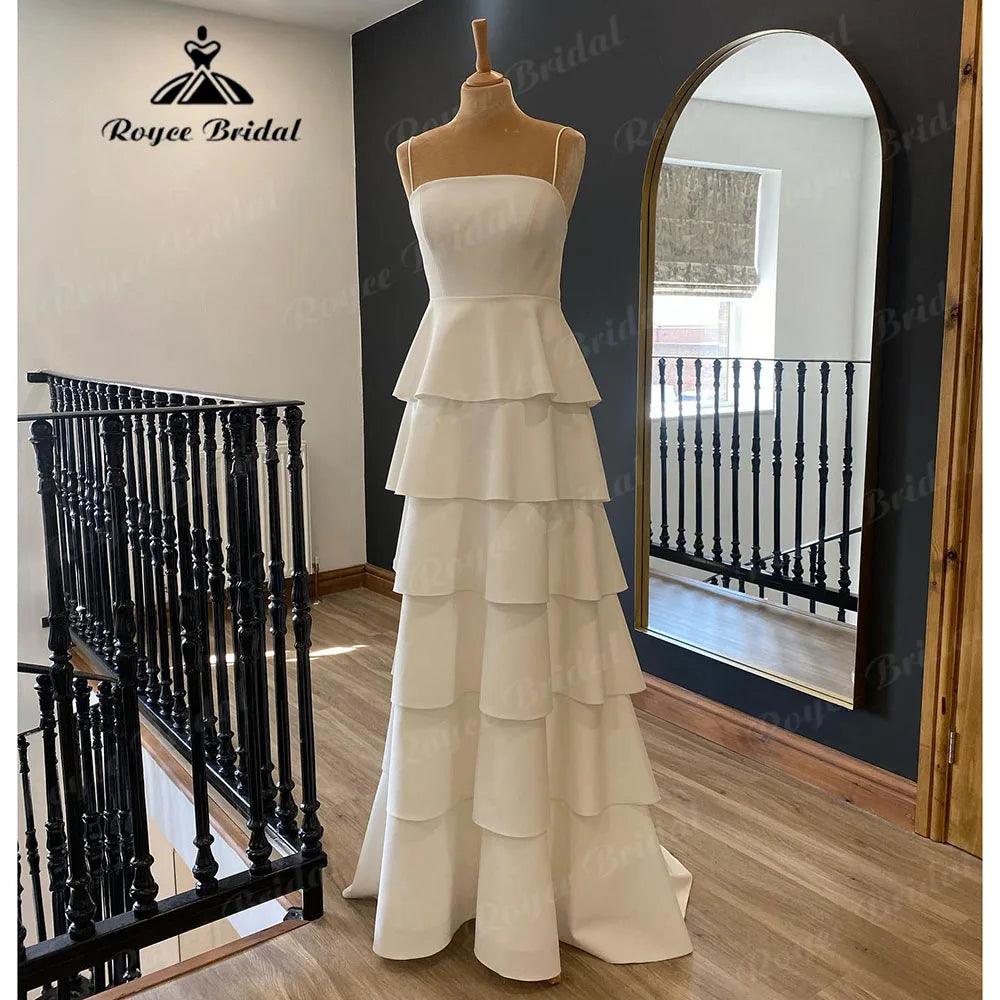 Luxury Women’s Clothing Vintage Soft Satin Princess Tiered Spaghetti Straps Floor-Length Wedding Gown for Women Bridal Wedding Dress Vestido Novia