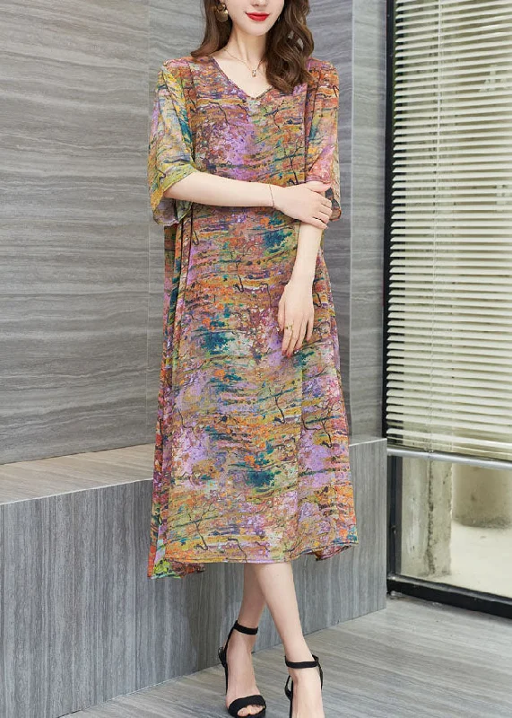 Clothes For Woman New Floral V Neck Patchwork Chiffon Mid Dress Summer