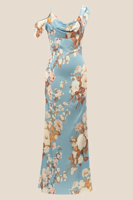 Casual Dresses for Women Cowl Neck Blue Floral Print Mermaid Long Dress