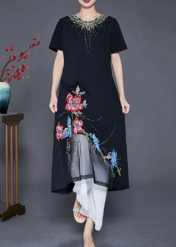 Women's Clothing Sale Boutique Black Embroideried Floral Patchwork Tulle Cotton Vacation Dresses Summer