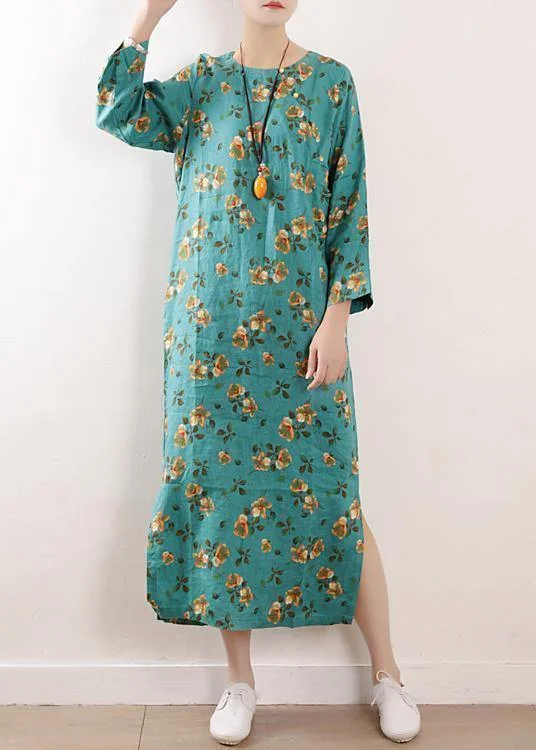 Casual Women’s Clothing Women side open linen clothes For Women Shape blue floral Dress summer