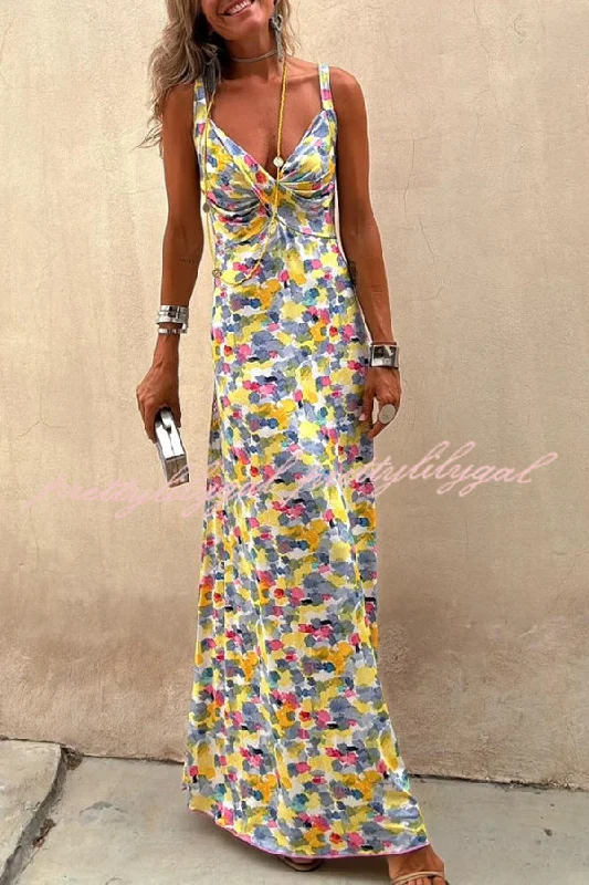 Hot Deals Flora Watercolor Print Crossover Neck Wide Straps Stretch Maxi Dress