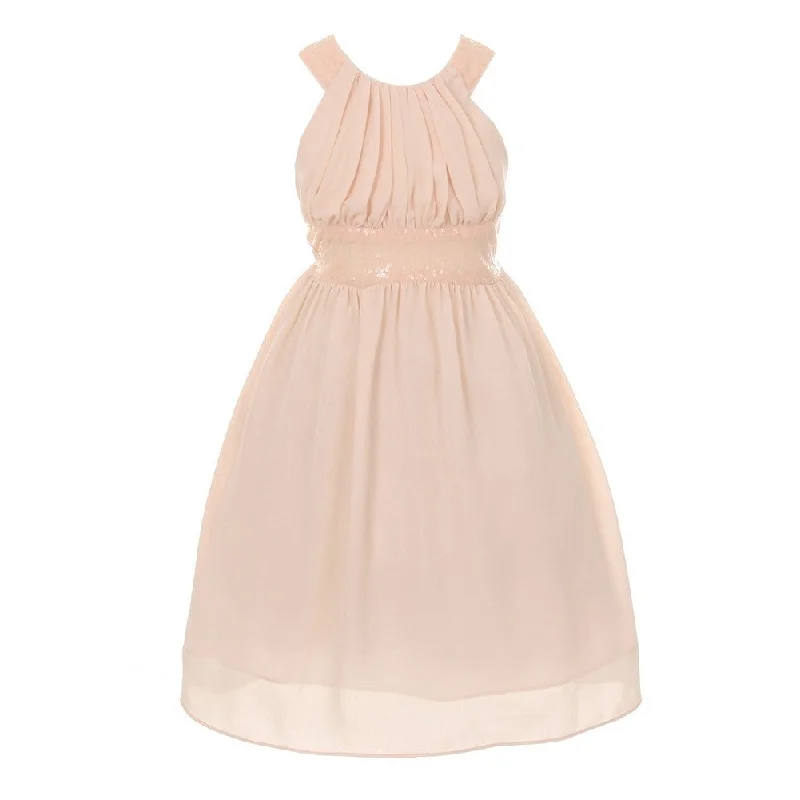 Trendy Street Style Attire Little Girls Blush Dazzling Sequin X Back Pleated Dress 4-6