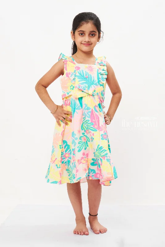 Evening Looks Exotic Garden Sleeveless Cotton Frock for Girls - Frilled Hem and Vibrant Print