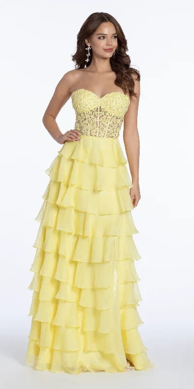 Stay Ahead In Style Embroidered Strapless Chiffon Tiered Corset Ballgown