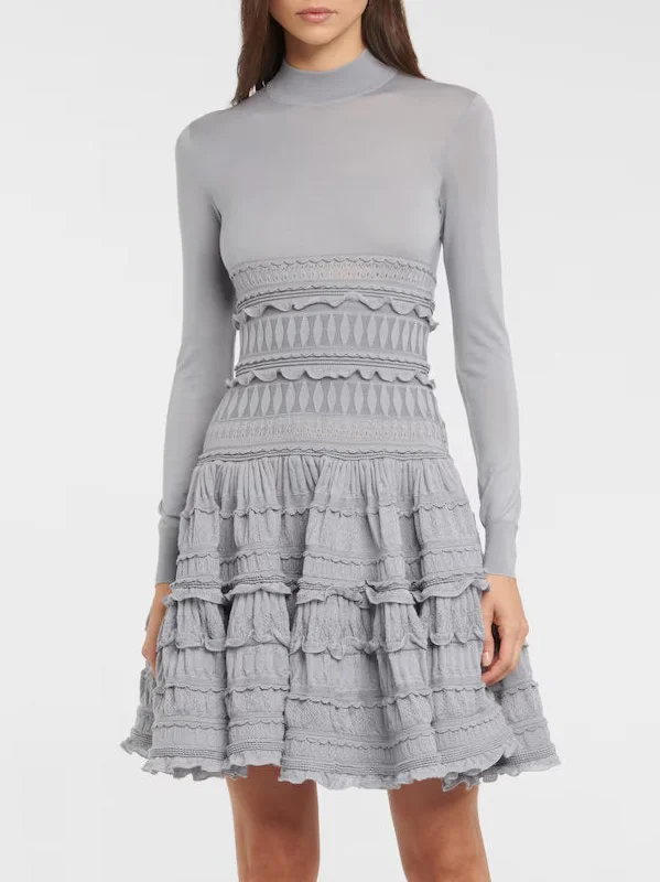 Save Big Ruffled Paneled Knit Mini Dress in Grey