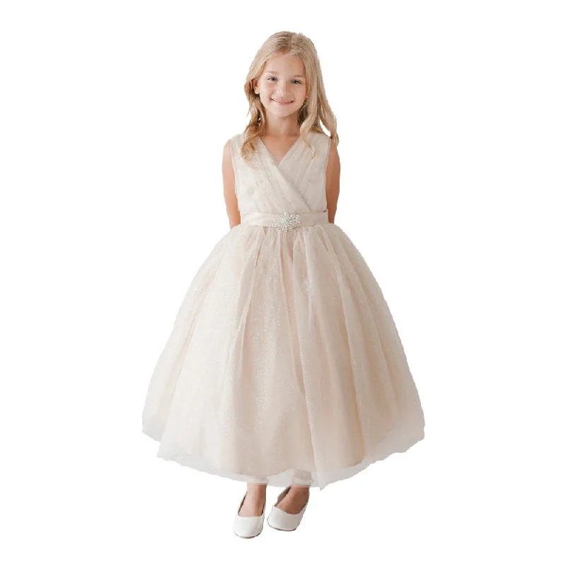 Additional Time-Limited Offers Little Girls Gold Glitter Tulle V-Neck Rhinestone Brooch Flower Girl Dress 2-6