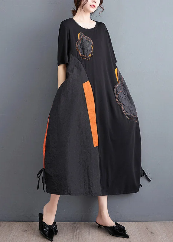 Women’s Clothing for Every Season and Trend Casual Black Embroideried Floral Drawstring Long Dress Short Sleeve