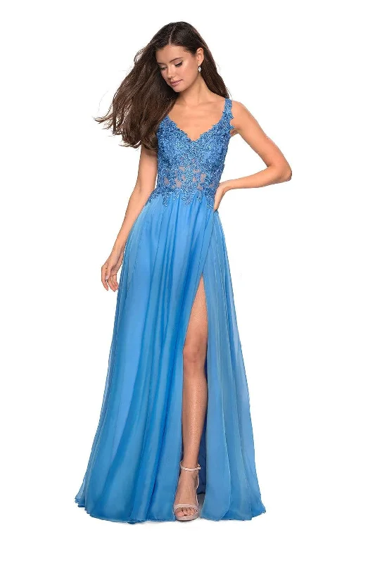 Women’s High Street Fashion La Femme - Lace Embroidered A-Line Gown with Slit 27751 - 1 pc Cloud Blue In Size 00 Available