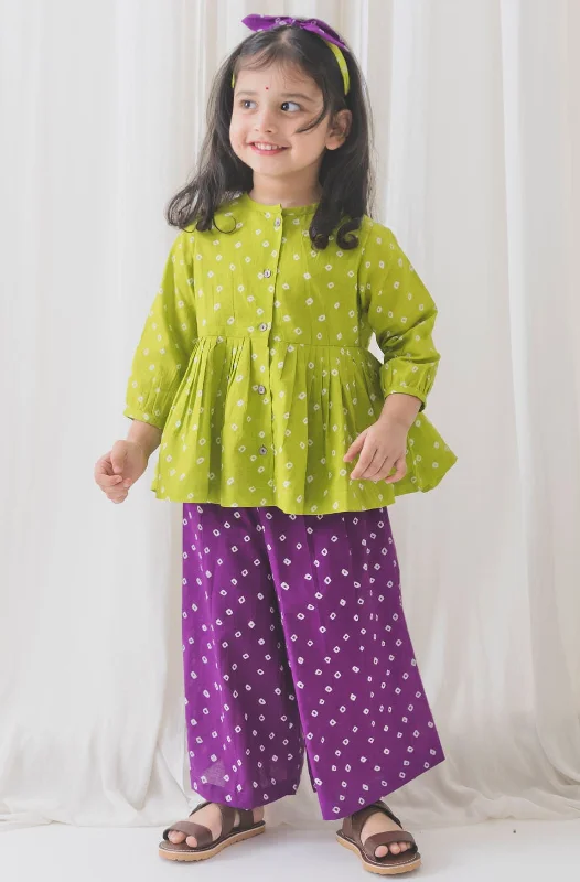 Trend Forward Threads Pre-Order : Girls Bandhani Polka Top Set - Green