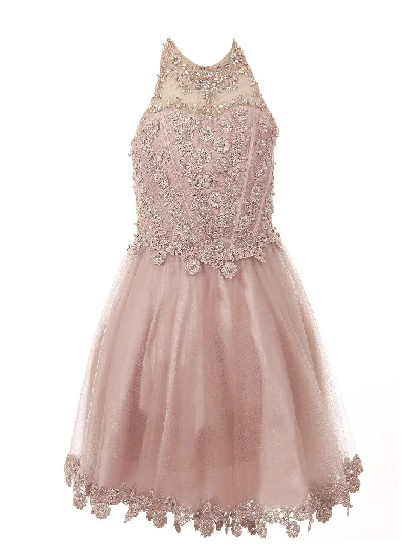 Flash Sale Now Little Girls Dusty Rose Halter Neck Rhinestone Sequin Flower Girl Dress 4-6