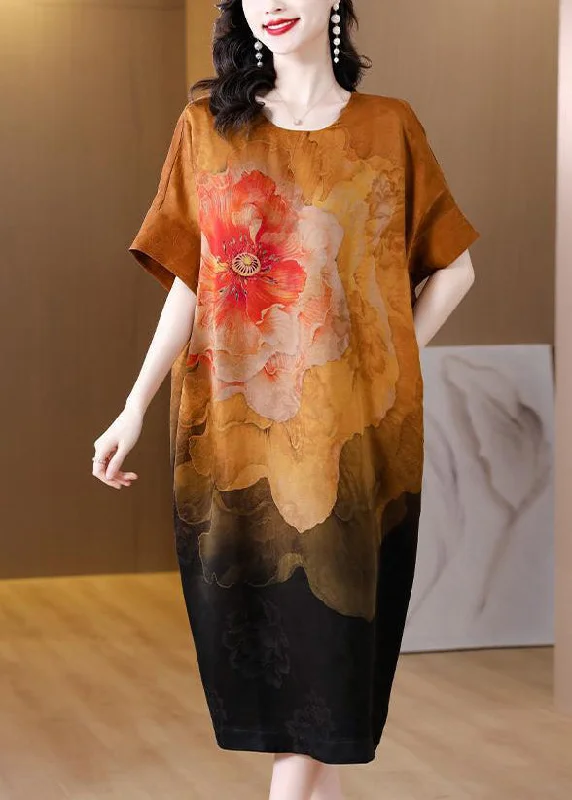 Fashionable Dresses for Women Modern Khaki Oversized Floral Print Silk Dress Summer