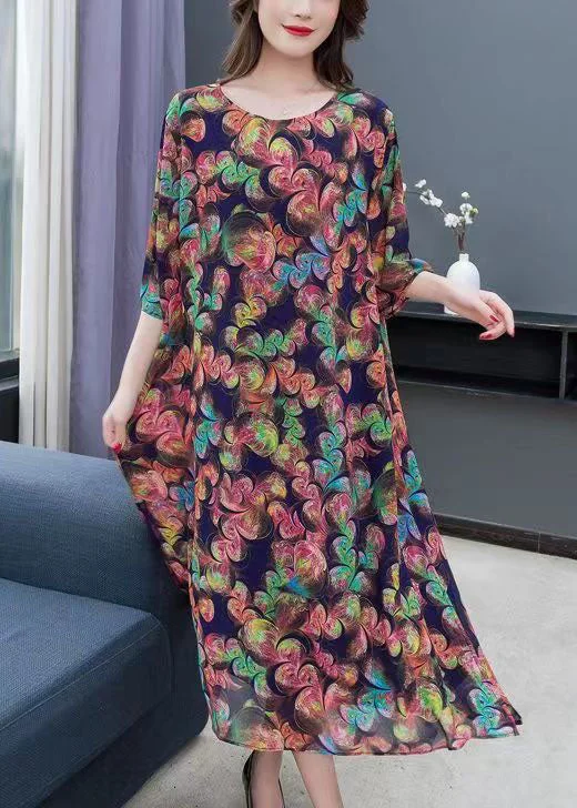 Winter Wardrobe Clearance Loose Floral O-Neck Side Open Patchwork Chiffon Long Dresses Summer