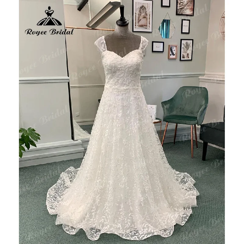 Fashion Forward Vinatge Off Shoulder Full Lace Sweetheart Neck Wedding Dress for Bride  Wedding Gown with Detachable Cap Sleeve Roycebridal