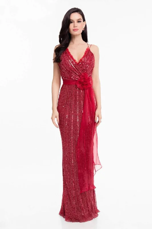 Clothes Women Terani Couture - 1821E7111 Sequin Ornate Sashed Long Evening Gown