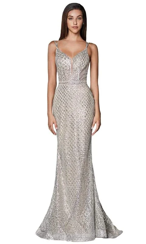 Casual Fashion Trends for Women Cinderella Divine - Glitter Print Plunging V-Neck Gown U102 - 1 pc Rose Gold In Size 6 and 1 pc Silver/Nude In Size 10 Available