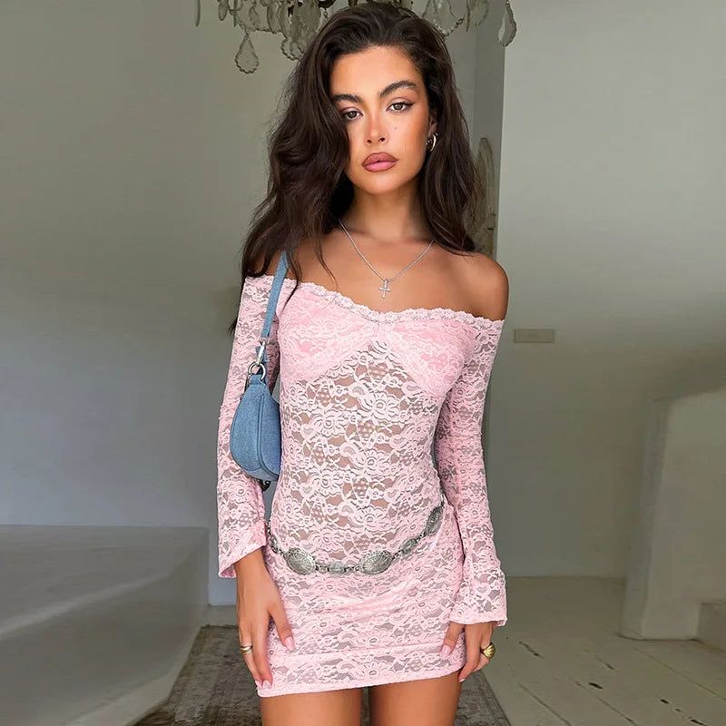 Flash Sale Online Sheer Lace Elegant Fashion Off Shoulder Long Sleeve Slim Party Mini Dress