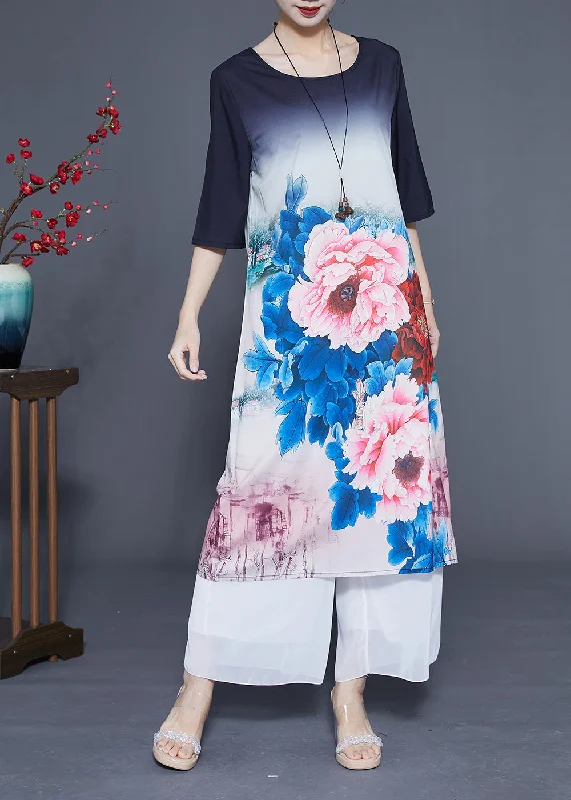 Versatile Women’s Fashion Women Gradient Color O-Neck Floral Print Silk Vacation Dresses Half Sleeve