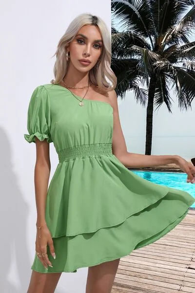 Unbeatable Prices Layered Single Shoulder Flounce Sleeve Mini Dress