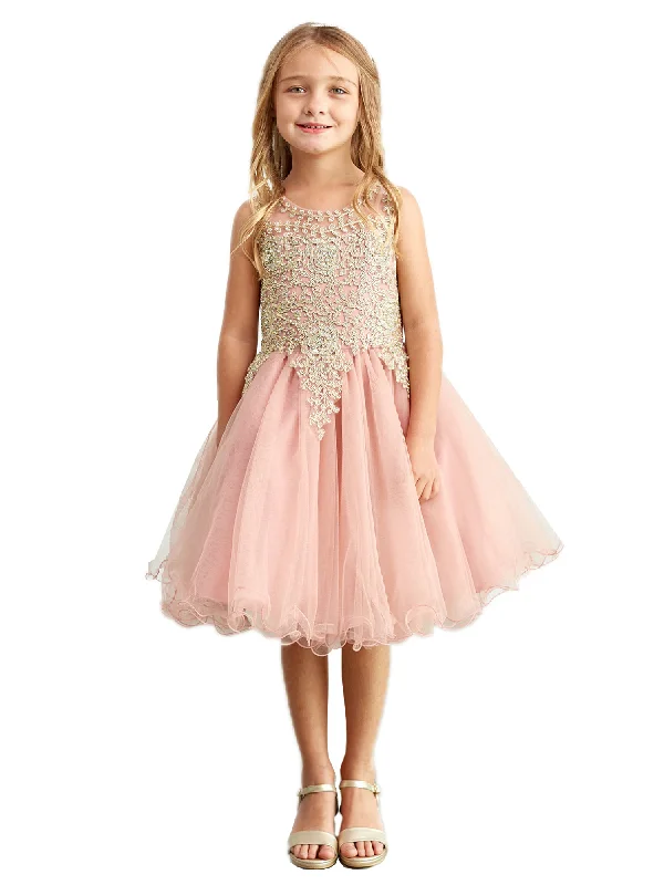 Limited Time Offer Little Girls Dusty Rose Gold Lace Wired Tulle Flower Girl Dress 2-6