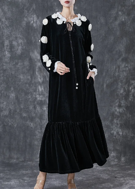 Clothing Woman Modern Black Lace Up Floral Silk Velour Maxi Dress Spring